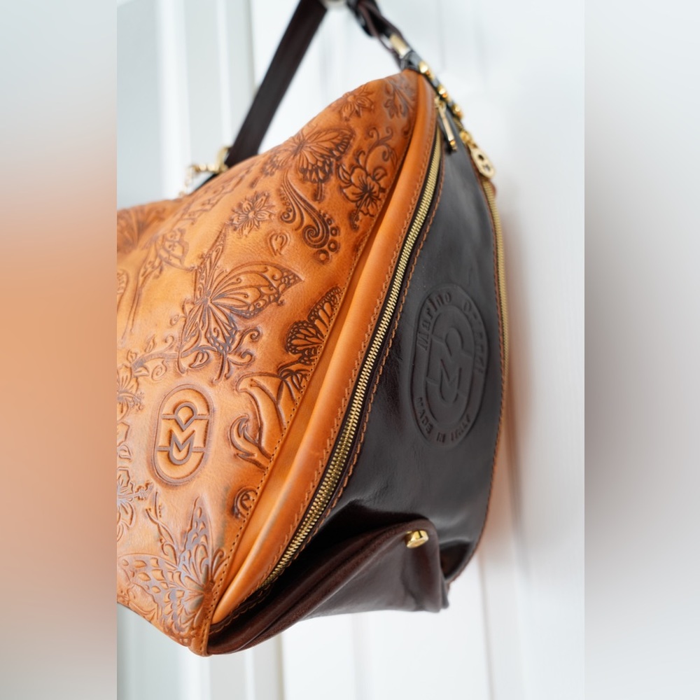 Marino Orlandi Cognac Italian Leather Butterfly Bucket Sling Bag #1977